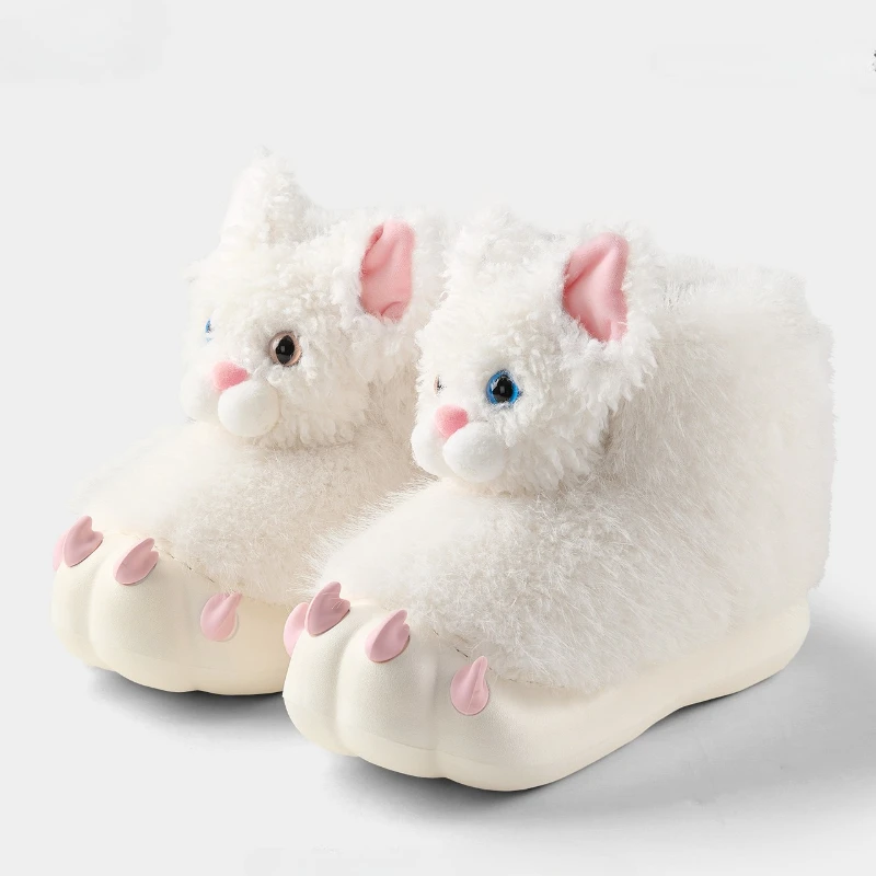 Bonitos zapatos de casa con forma de Pata de Gato para mujer, pantuflas mullidas para interiores, suela gruesa, felpa suave, antideslizantes, botas de nieve cálidas con dibujos peludos para niñas