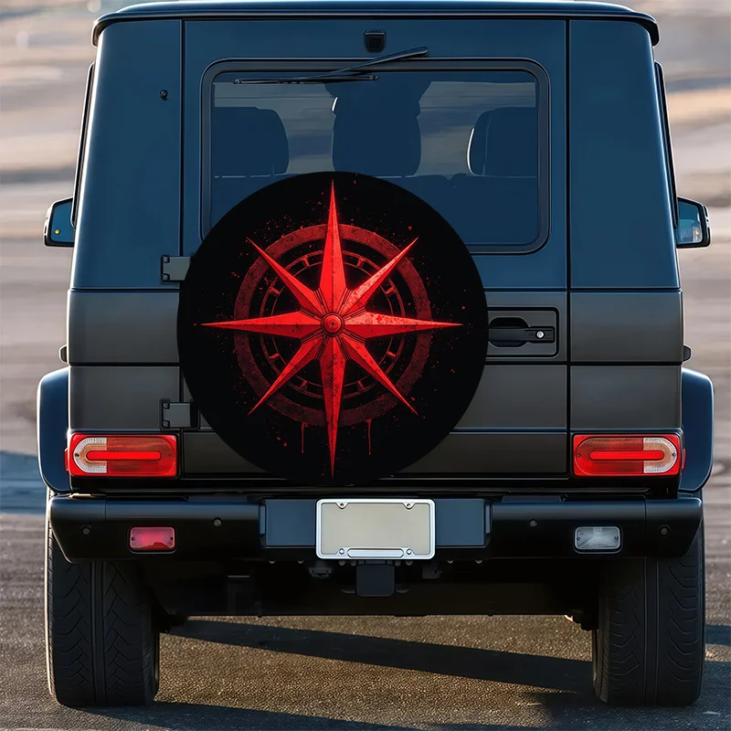 Red Compass Pattern Car Spare Tire Cover Distressed Octagram Design Dust Sun Protection Universal Fit