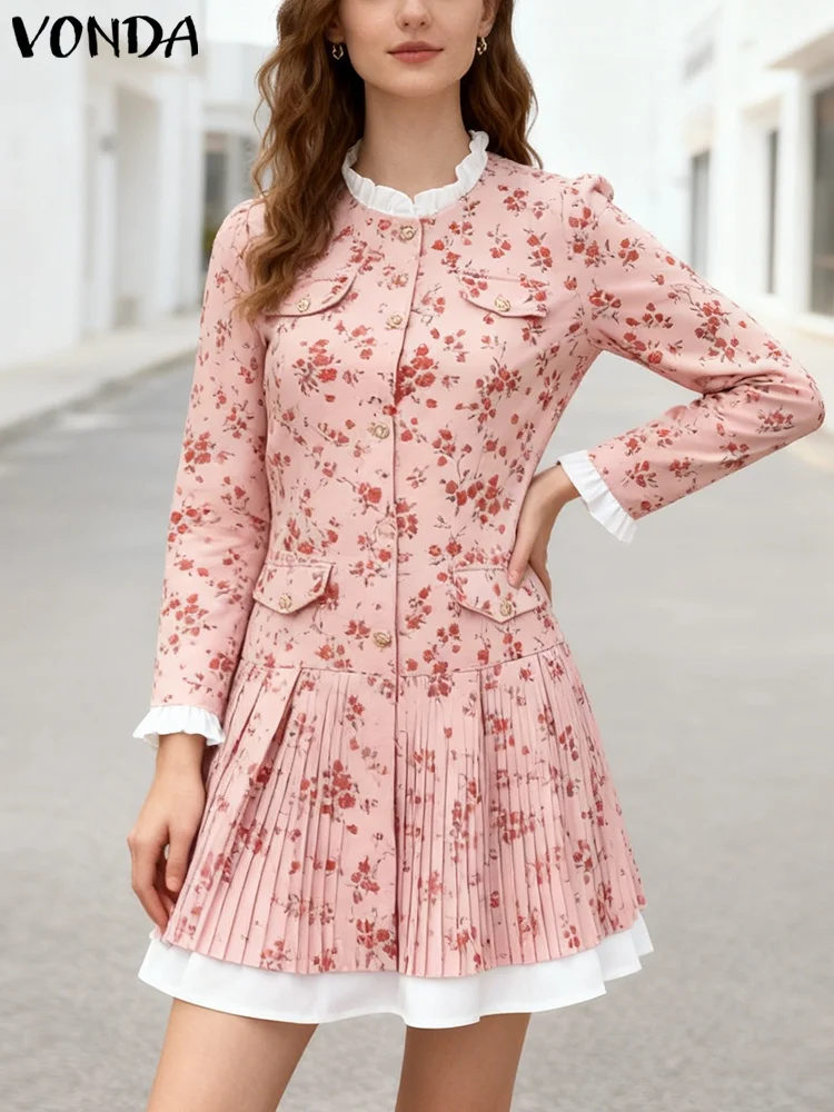 ชุดเดรสผู้หญิงสไตล์โบฮีเมียน VONDA ปี 2025 แขนยาว เซ็กซี่ แบบมินิเดรส แฟชั่นฤดูใบไม้ร่วง แต่งผ้าปะติดระบาย ชุดเดรสสั้นสำหรับงานปาร์ตี้