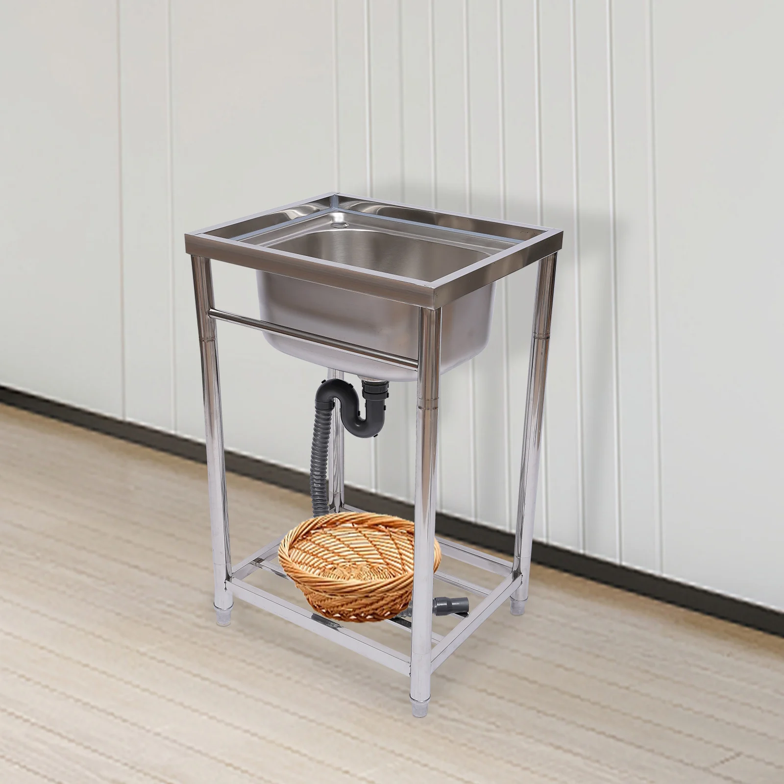 Free Standing Stainless-Steel Single Bowl Commercial Restaurant Kitchen Sink, Utility Washing Hand Basin w/ Storage Shelve