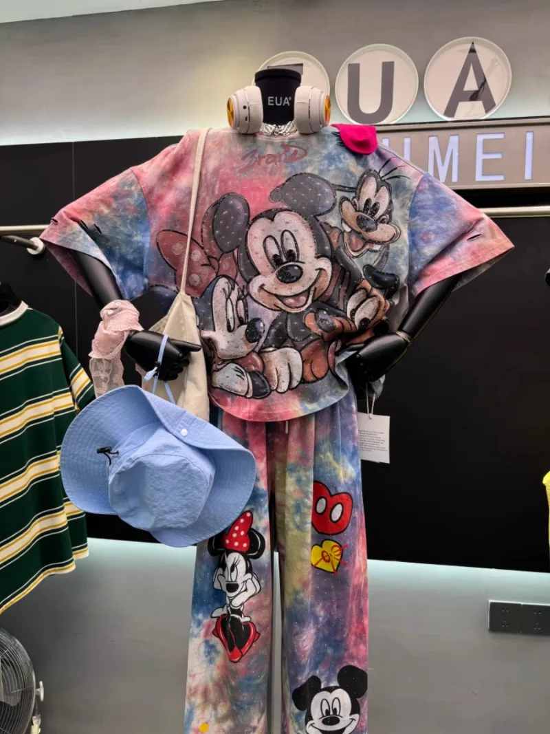 2025 Summer New Heavy Industry Tie-dye Hot Diamond Mickey Print Loose Fashion Age-reducing Top Short-sleeved T-shirt For Women