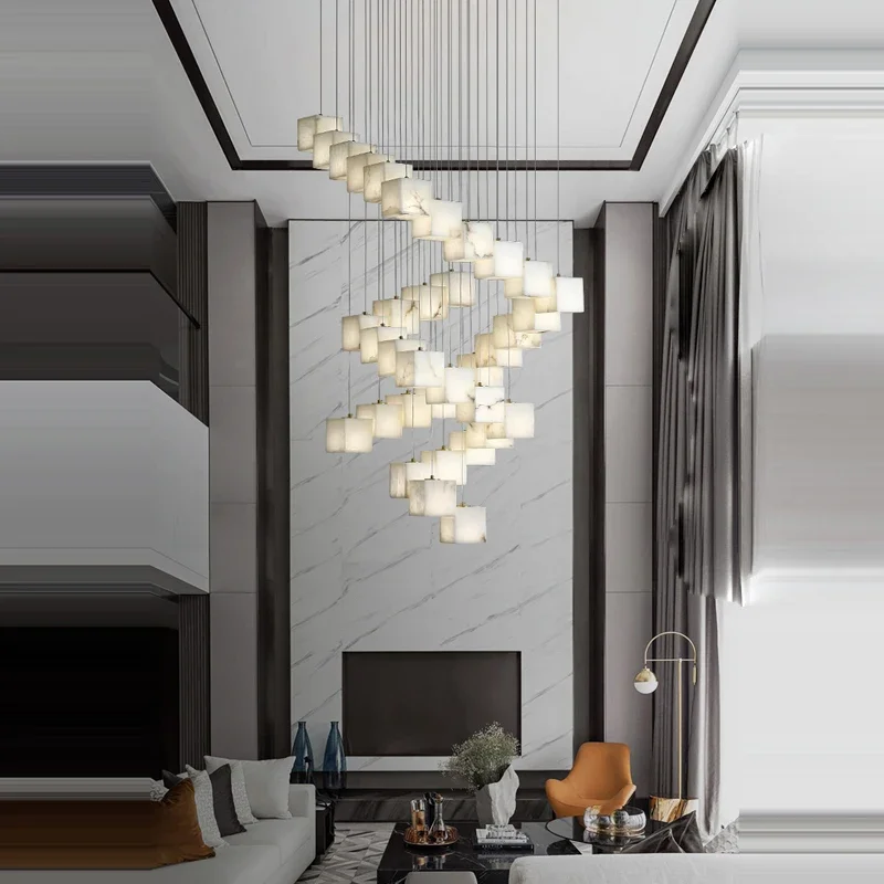 2026 New Trend Noble Luxury White Marble & Alabaster Square LED Chandelier, Home Decor Lighting for Living Room & Dining Table