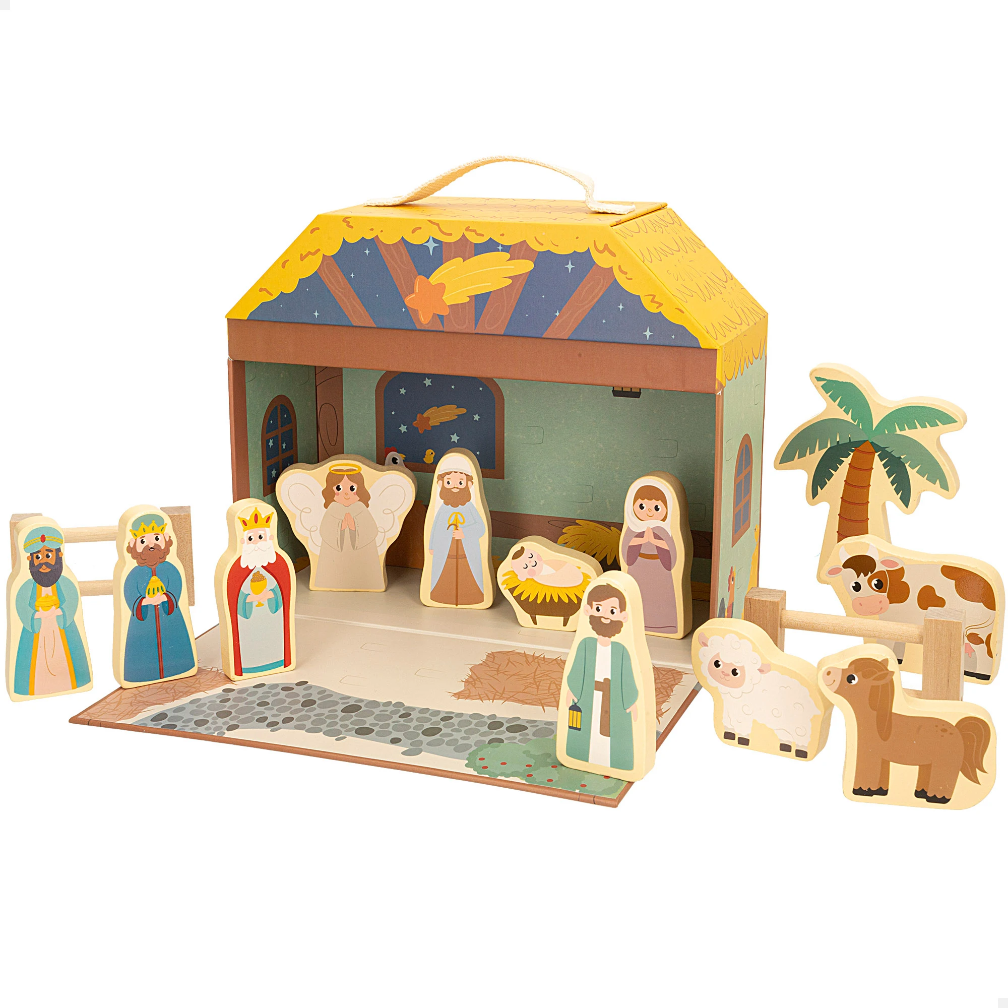 WOOMAX Wooden Nativity Scene for Children, 15 Pieces, Double Sided, Manger, Kings Wise, Christmas Decoration, Christmas 2024 Decoration, Christmas Decoration, Children's Birth, Christmas Nativity Scene