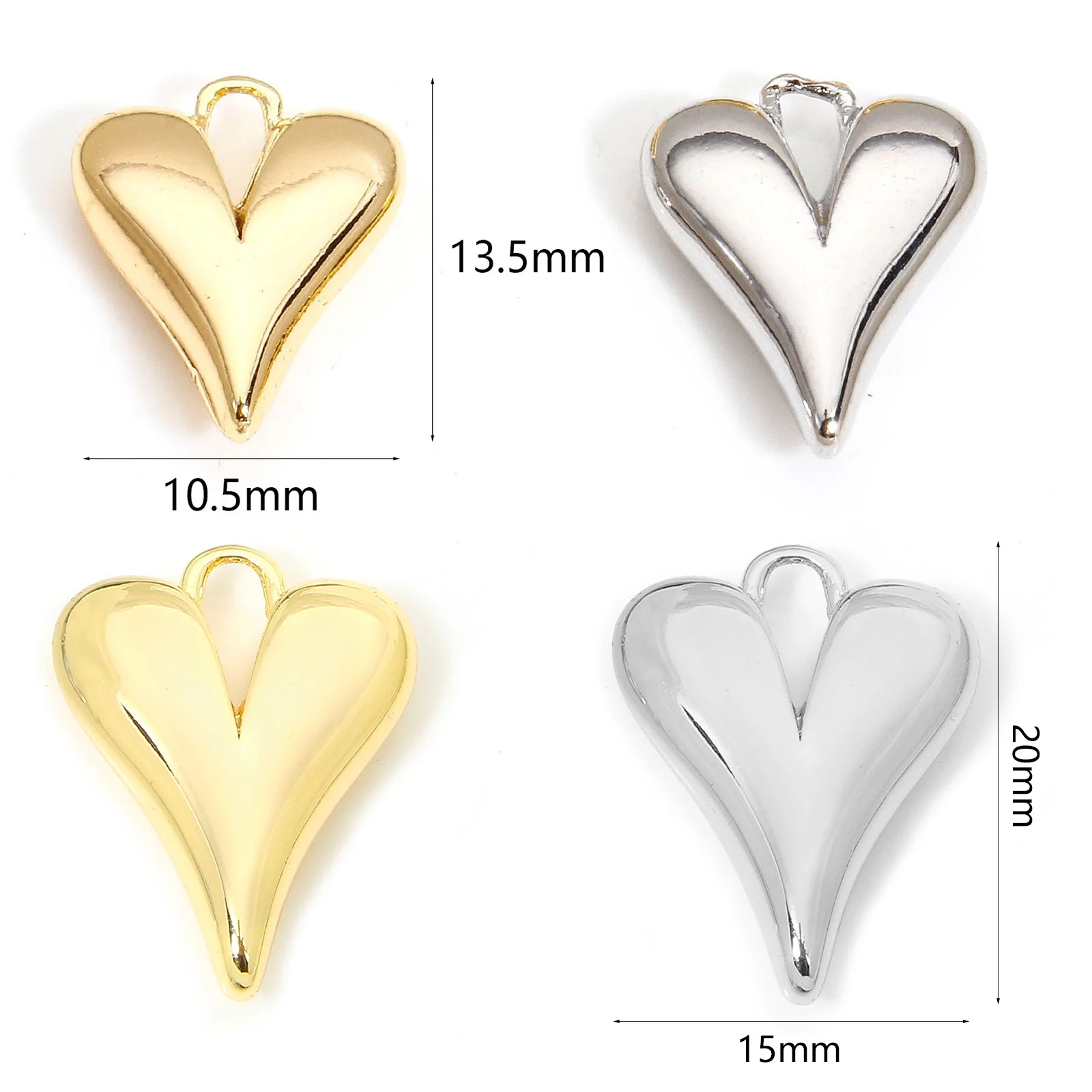 2 Piece Brass Valentine's Day Charms Gold Color Silver Color Heart 3D Pendants For DIY Jewelry Making 13.5mm x 10.5mm