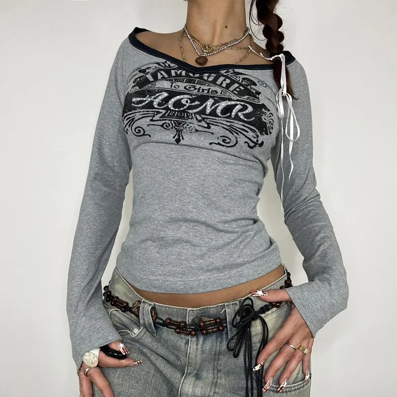 

Spring Grey Women's T-shirt V-Neck Long Sleeves Letter Print Crop Top Casual Fashion T Shirt Female Streetwear Sexy Cropped Tops