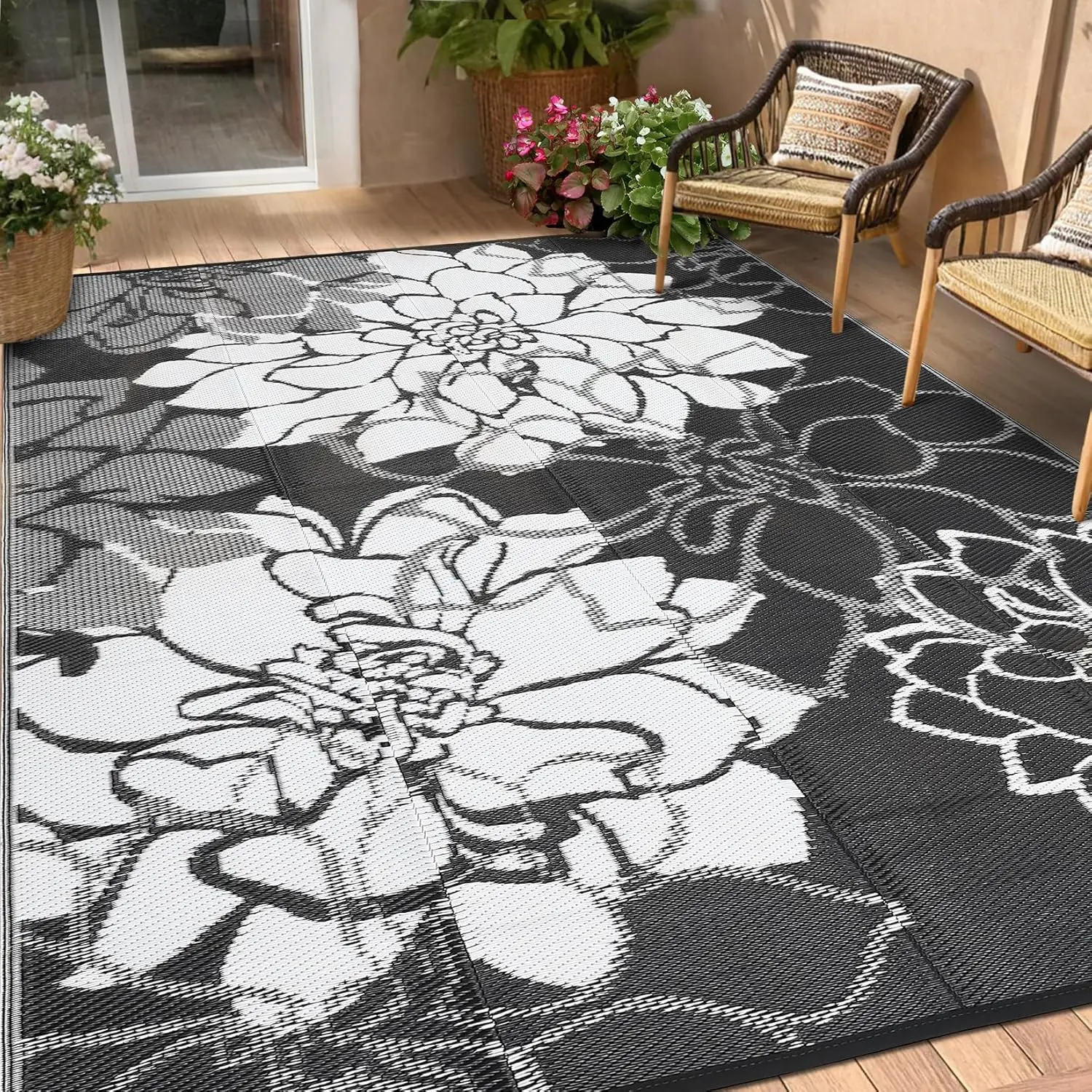 

Waterproof Plastic Straw Rug 8x10 Reversible Outdoor Rug, Weather Resistant Outside Carpet, Portable RV Camping Mat with Carr
