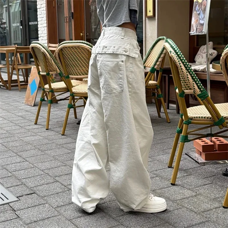 

Retro Studs Rivet Wide Leg Loose Jeans Back Waist Belt Design Casual High Waist Long Straight Tube Cotton Denim Pants