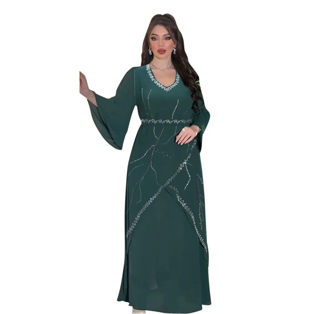 Ramadan Dubai Abayas Frauen Diamanten Party muslimischen Kleid Eid Djellaba Islam Jalabiya arabische Robe Marocaun Kaftan Truthahn Kleid Abaya