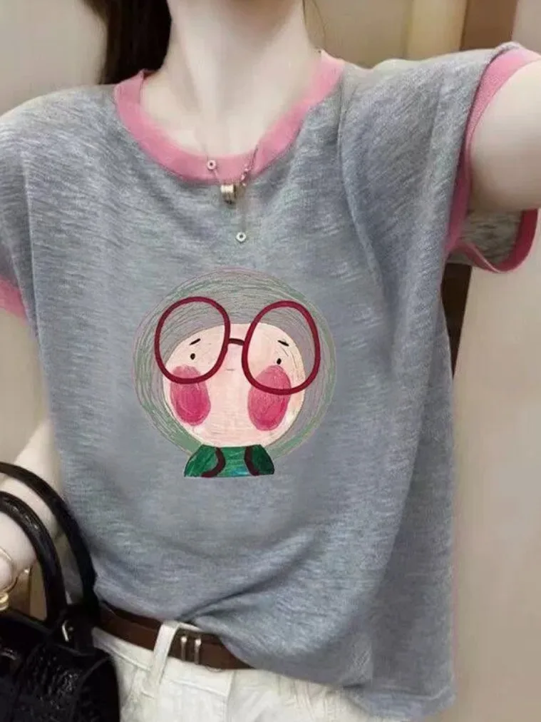 Outlet Zomer Ice Silk ort Sve T-shirt Dames Faion ronde Ne Dunne bedrukte top Cool Sensation Loose Fit Normale lengte