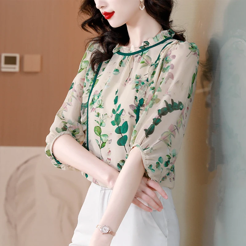 Temperament Printed Ruffled Round Neck Spring Summer New Women\'s Fashion Versatile Loose Fitting Mid Sleeved Chiffon Tops