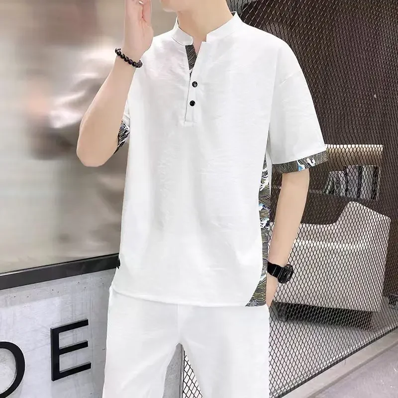 

White T-shirts Pants Suits for Men Nylon Sports Two Piece Set Korean Style 2025 Luxury Regular Fit Trend Basic Man Trousers Sets