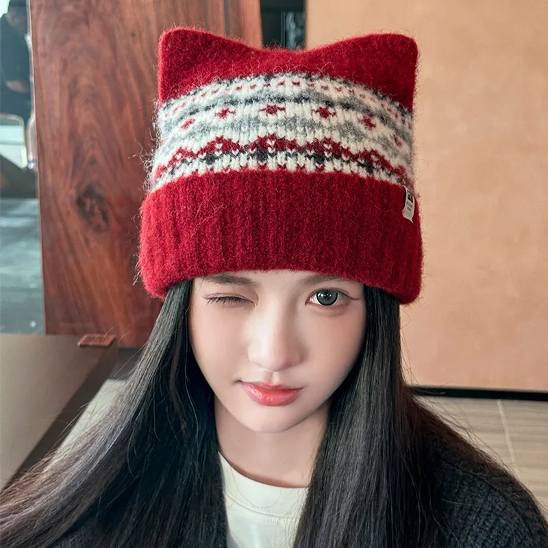 Women's Cute Cat Ear Fair Isle Jacquard Beanie Warm Winter Fuzzy Cuffed Hat Cozy Streetwear Knit Cap