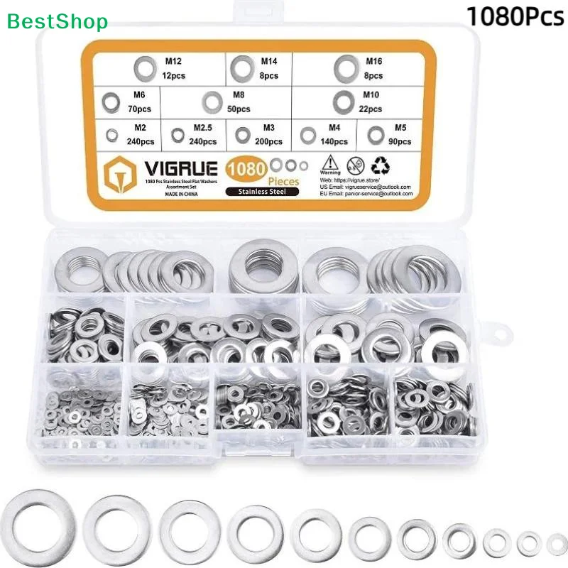 1080Pcs 304 Stainless Steel Flat Washers Assortment Set Multiple Sizes M2-M12 Specification Gaskets Anti-rust Craft Tool