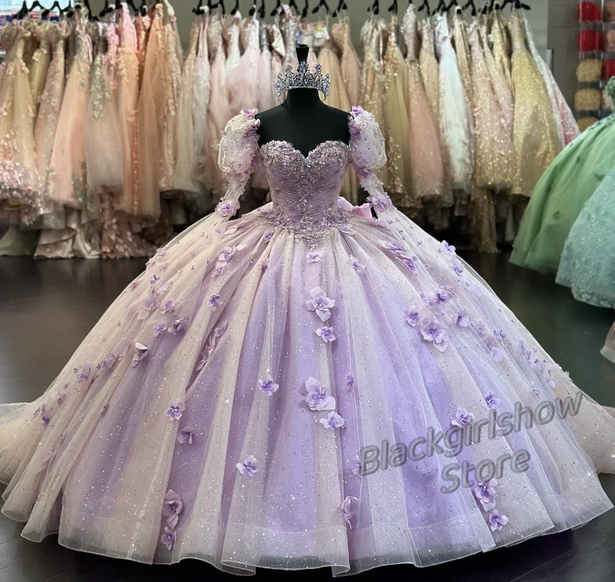 

Lilac Purple Chapel Vestidos De 15 años Sparkling Sheath Dreamy Elegant Girl Prom Dress Floral Applique Wedding 15 Dress