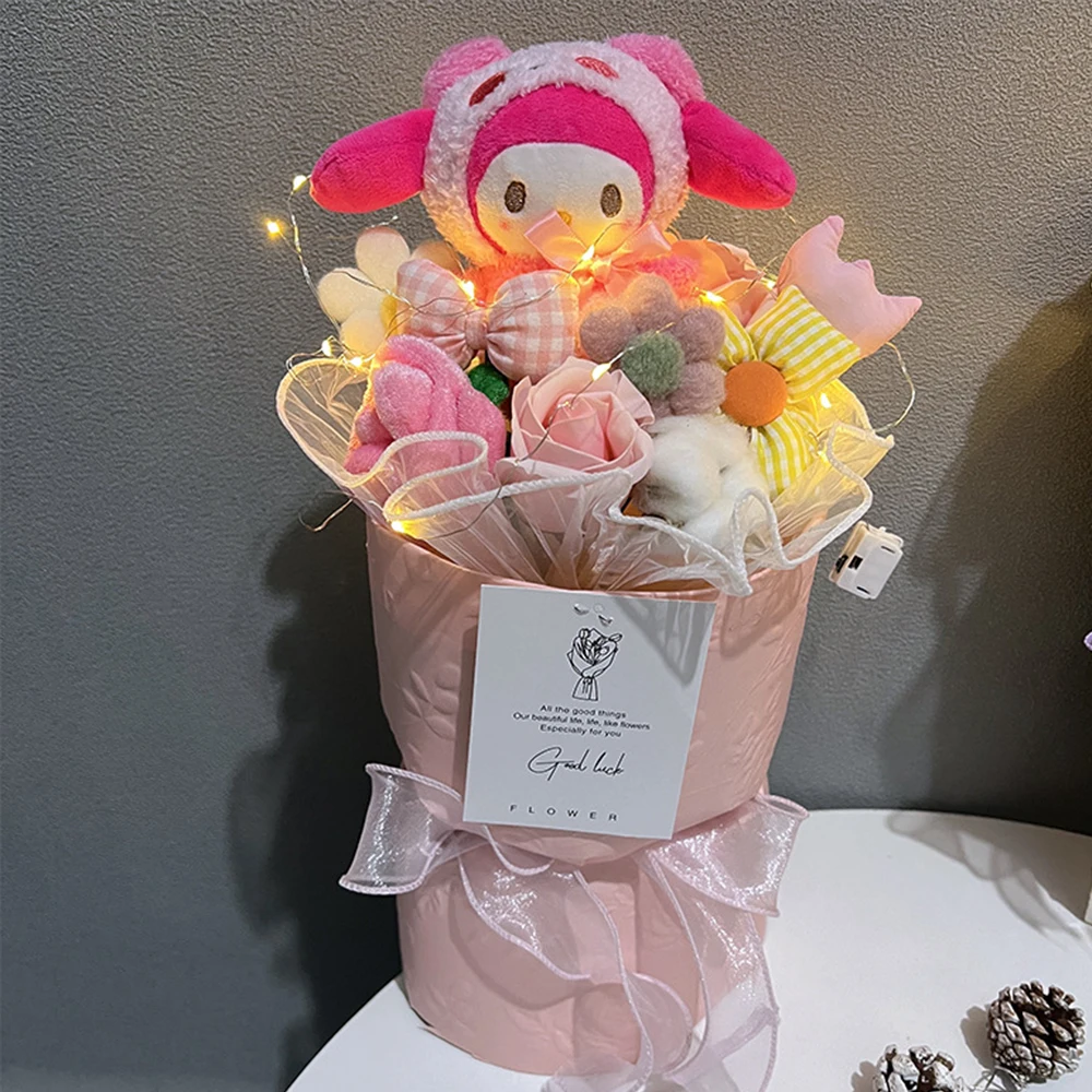 Cinnamoroll Doll Bouquet Sanrioed Kawaii Hello Kitty Kuromi Melody Anime Plush Decorate Lamp Birthday Girlfriend Festival Gift