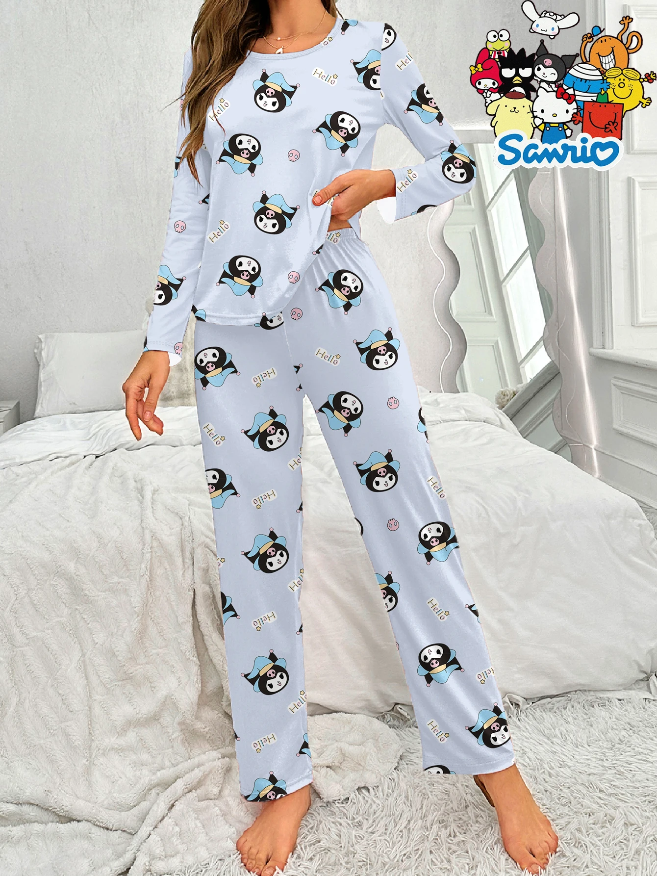 Sanrio calças de manga comprida Kulomi gola redonda desenho animado fofo pijama casual conjunto de roupa de dormir