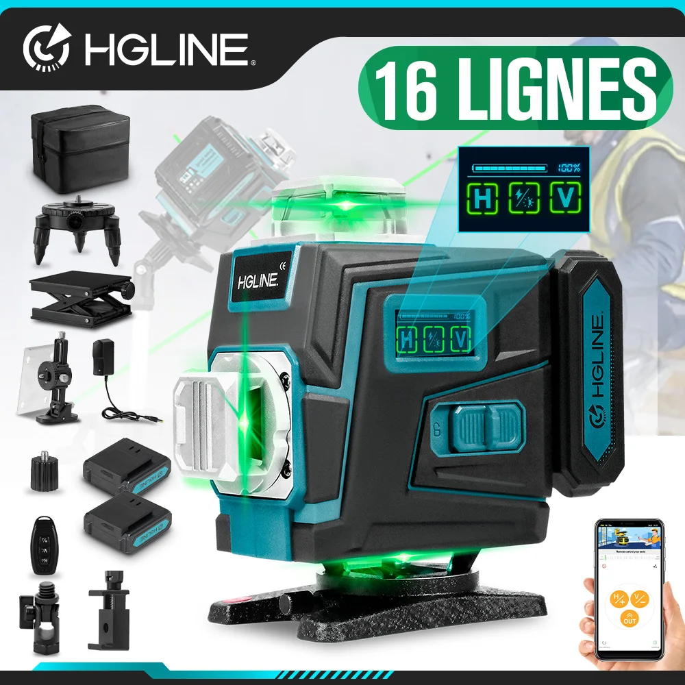 Niveau laser professionnel HGLINE 16 lignes 4D, contrôle à distance par application, auto-nivelant, 360° horizontal et vertical, super puissant