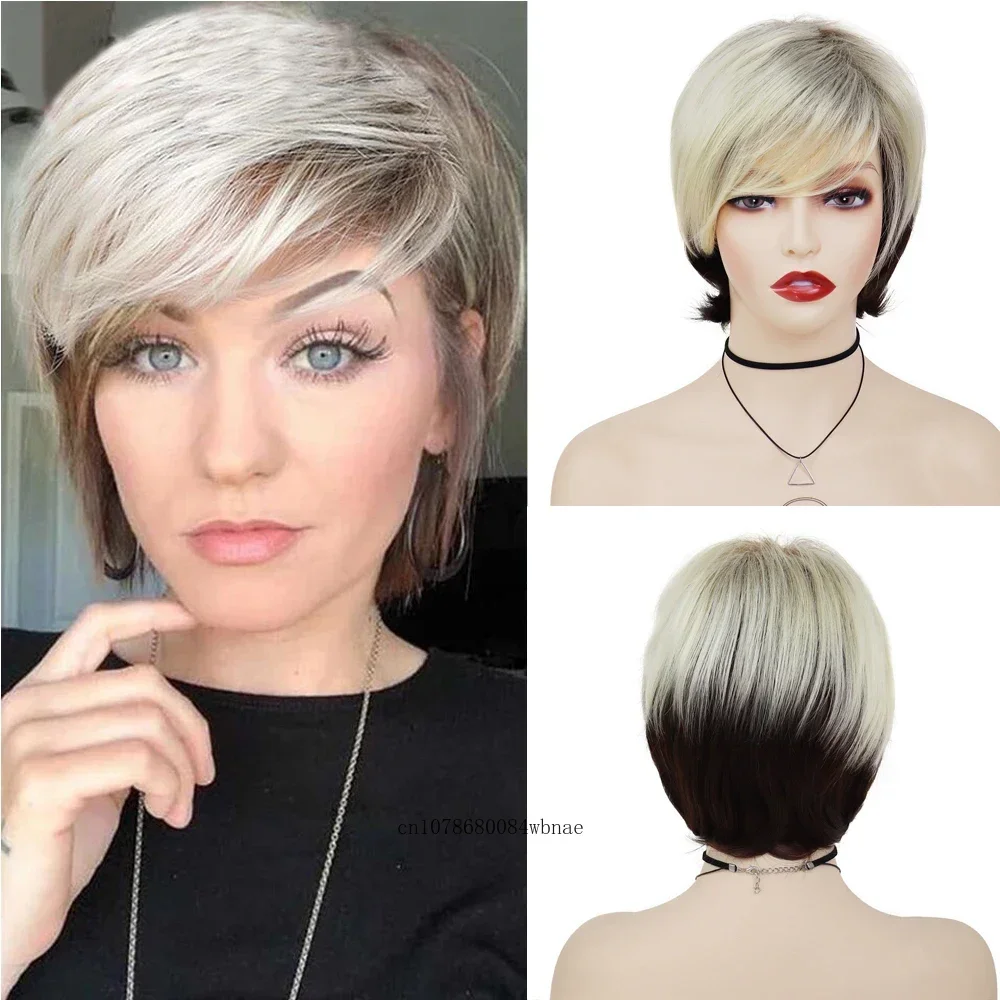 

Synthetic Hair Short Wig for Women Brown Mix Blonde Wig with Bangs Pixie Cut Hairstyle Ladies Wigs Daily Party Heat Resistant