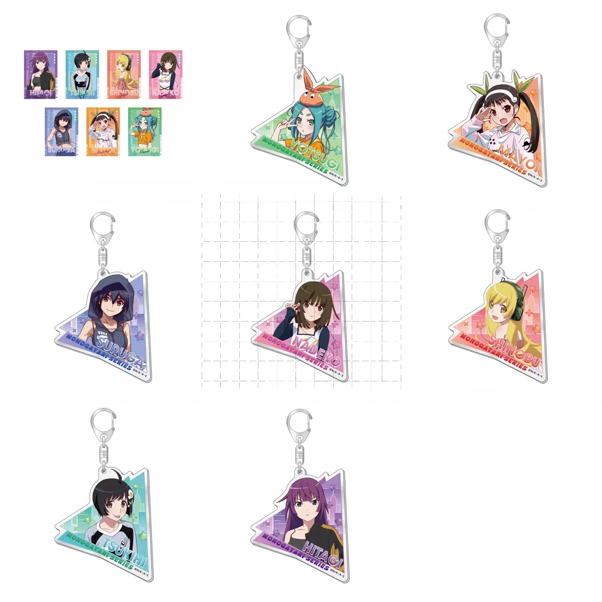 Game Oshino Shinobu KissShot Ononoki Yotsugi Hachikuji Mayoi Senjougahara Hitagi Keychain Doll Acrylic Keyring Pendant for Gift