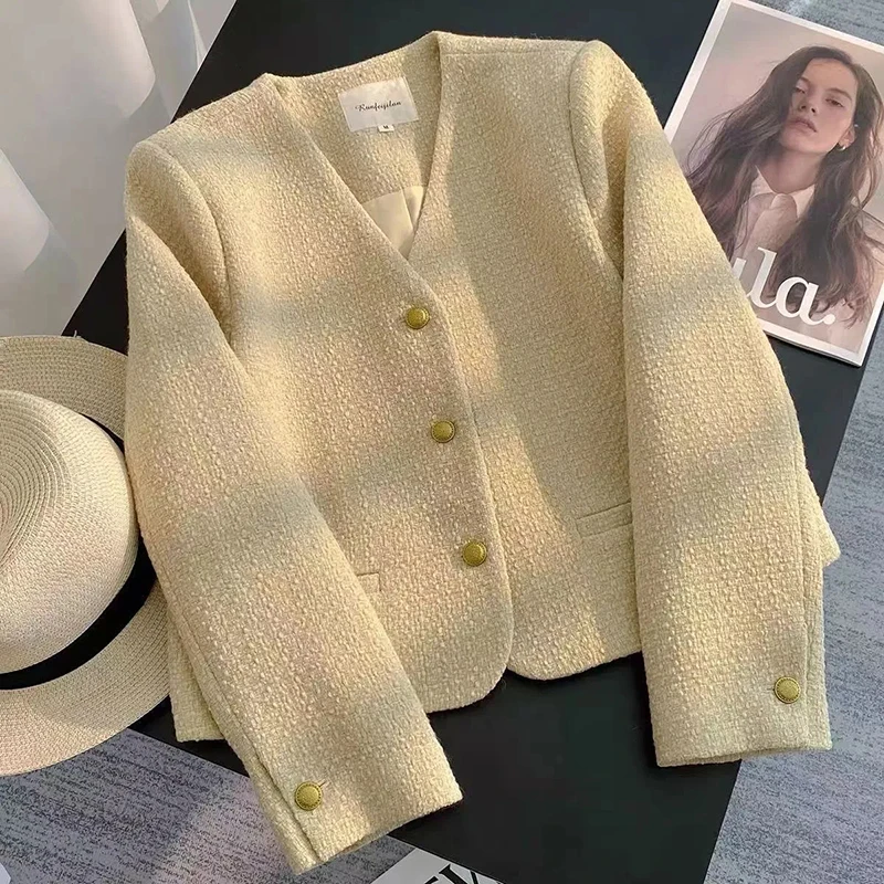 French Elegant Cropped Coats Women Long Sleeve V Neck Button Chic Short Jacket Yellow Simple Office Lady Spring Autumn Outwear