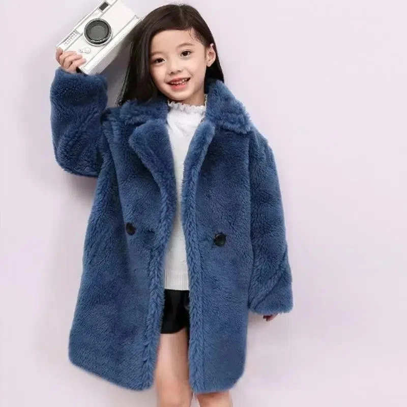 2023 Winter Girls Imitation Fur Warm Coats Children Lapel Thick Overcoat Teens Kids Lambswool Outerwear Long Jackets for Girls 9