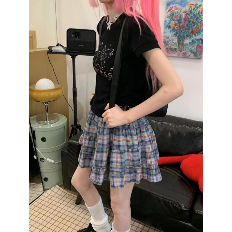 Deeptown Plaid Skirt Women Mini Skirt Japanese Style Ruffle Layered Short Skirts Cute Streetwear Vintage Harajuku Preppy Skirt