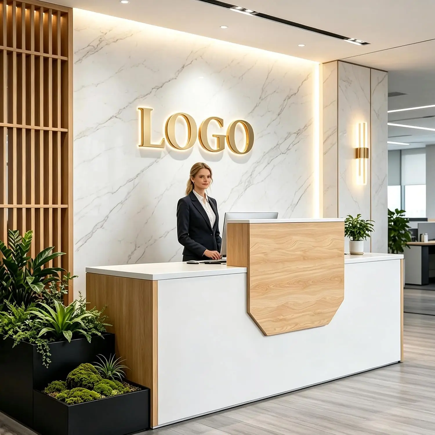 L-Shaped Reception Desk with Counter & Wireless Charging, 1-Inch Thick Board, Lockable Drawers & Keyboard Tray, Heavy-Duty Front