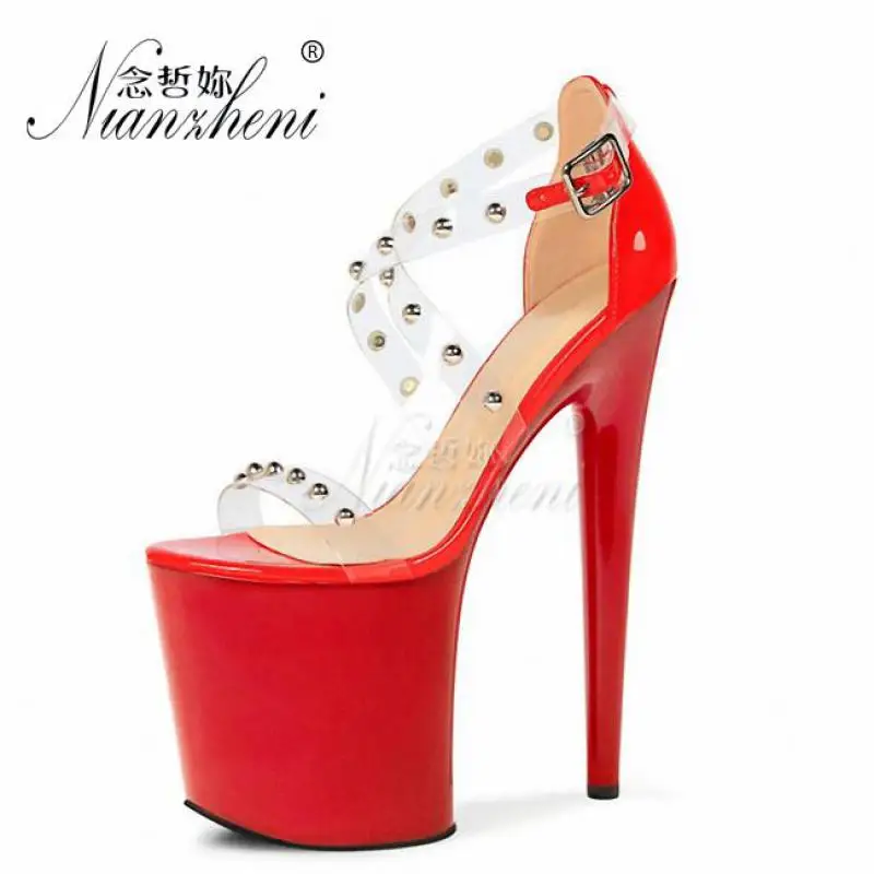 

20cm Red Open Toe Rransparent Full Dress Rivet Sandals Strip Pole Dance 8Inch Catwalk Elegant Exotic Dancer Sexy Fetish Shoes