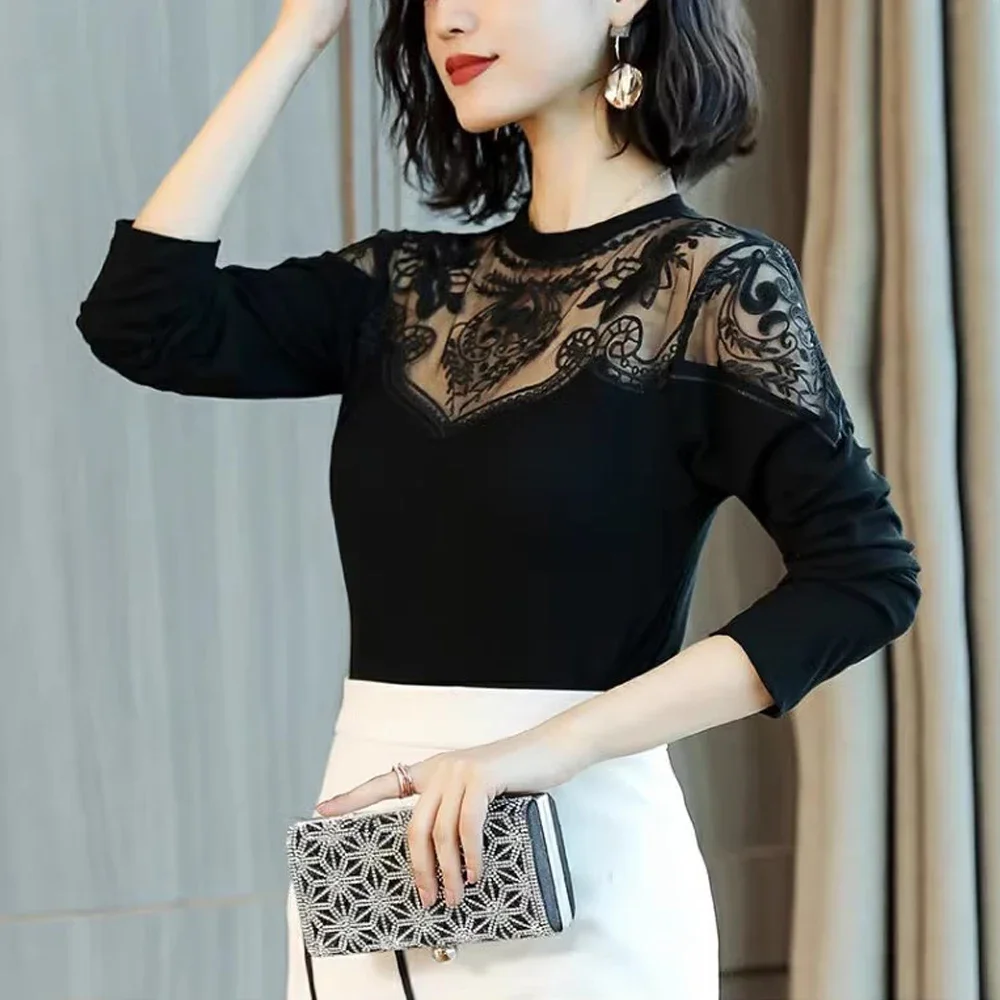 New Transparent Splicing Lotus Lace Elastic T Shirt Blouse Women S-3XL Black Female Blouses Cheaper Tops Long Sleeves T-Shirt