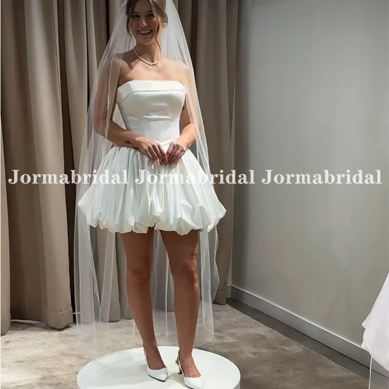 

Strapless Short Mini Wedding Dress Customized Women White Ivory Satin A-line Above Knee Bridal Gowns Bride Engagement Dresses