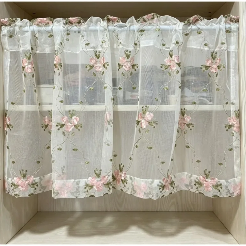 New Simple Pastoral Flower Embroidery Short Curtain Cabinet Curtain Coffee Curtain Cabinet Block Curtain Short Curtain