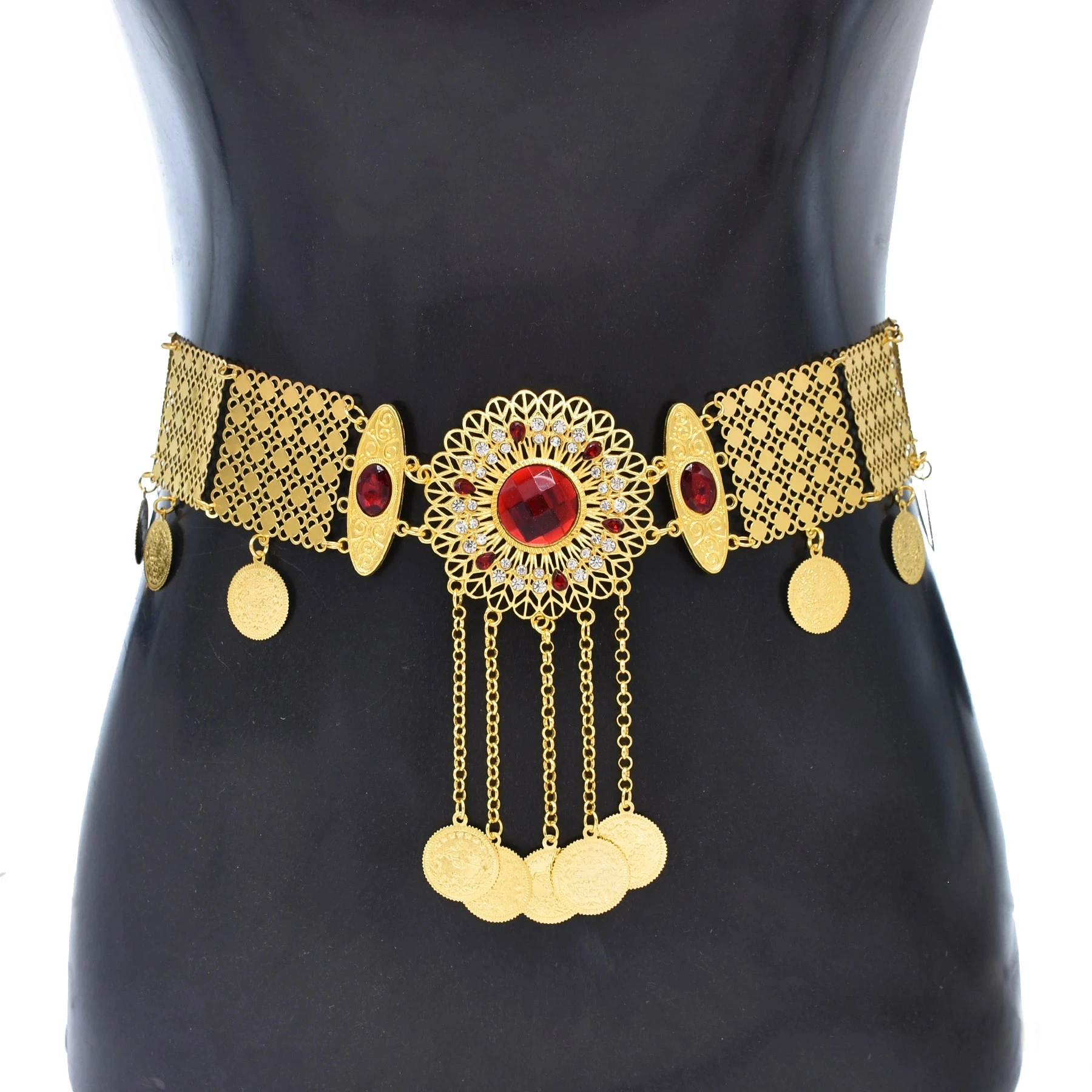 

Bohemian Golden Metal Red Crystal Flower Waist Belly Chain For Women Dance Belt Hollow Coins Pendant Body Jewelry Accessory