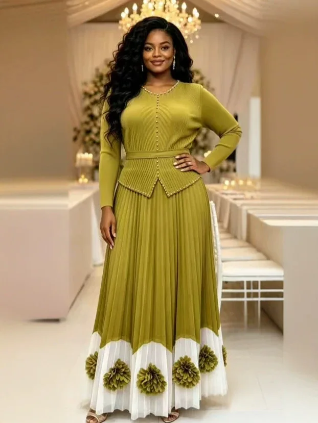 Miyake African Loose Suit Fashionable Printing Pleats Show Elegant Show Thin Long Dress Two-piece Set Women's Clothing New
