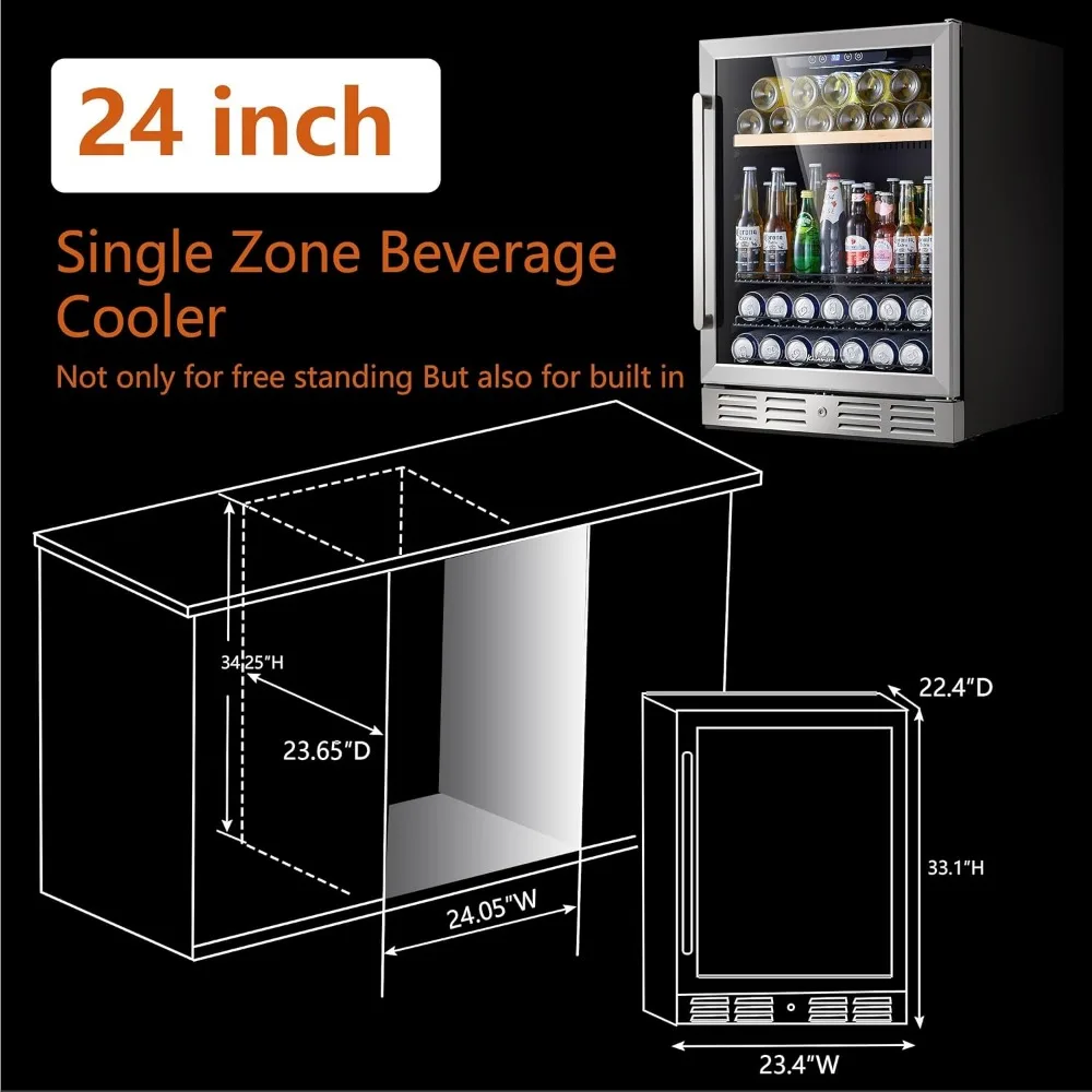 Mini Fridge 24” Beverage and Wine Cooler Built-in or Freestanding - 118 Cans & 16 Bottles