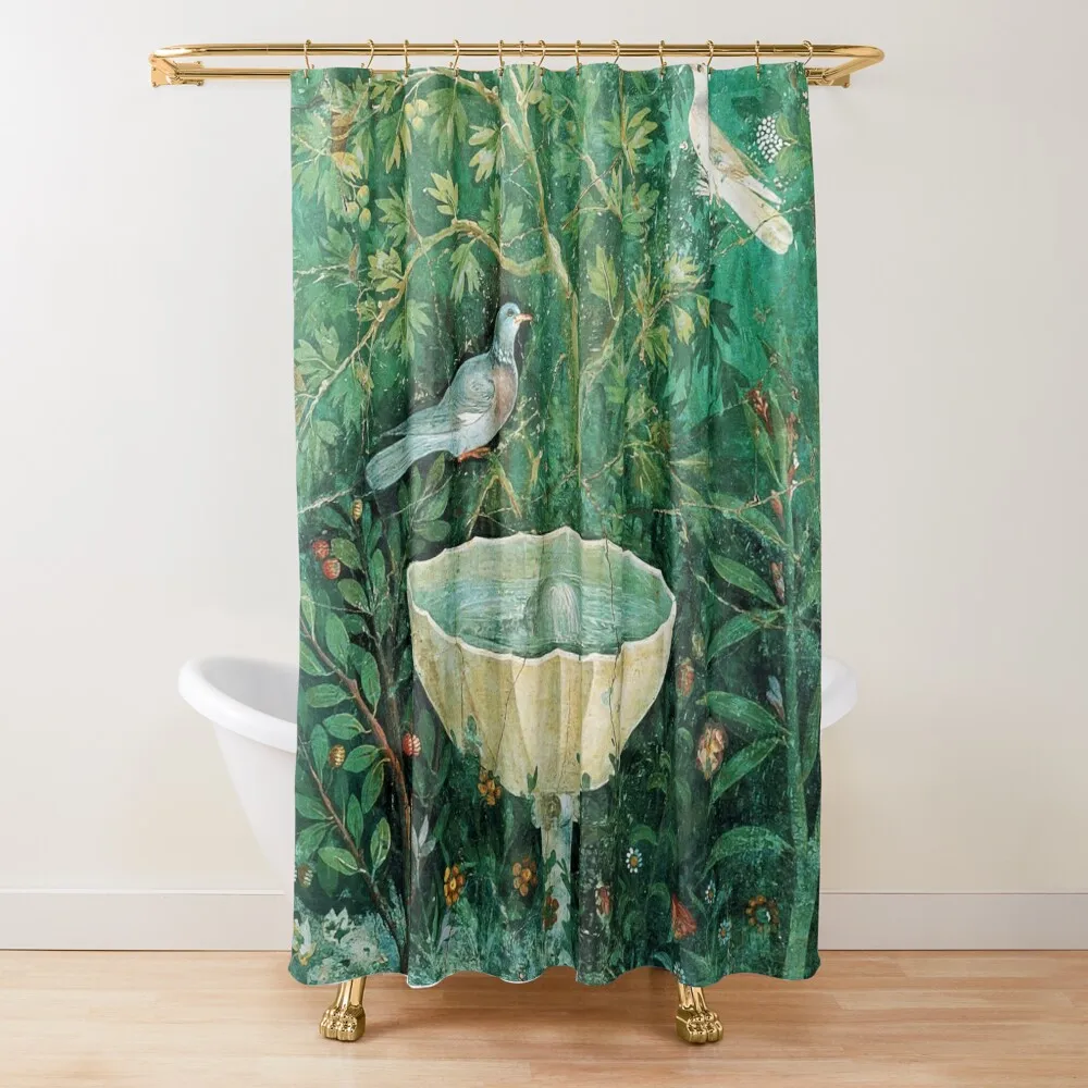 

POMPEII COLLECTION,LITTLE BIRDS,DOVES AND FOUNTAIN IN GARDEN ,GREEN FLORAL Shower Curtain Bathroom Accessorys For Shower Curtain