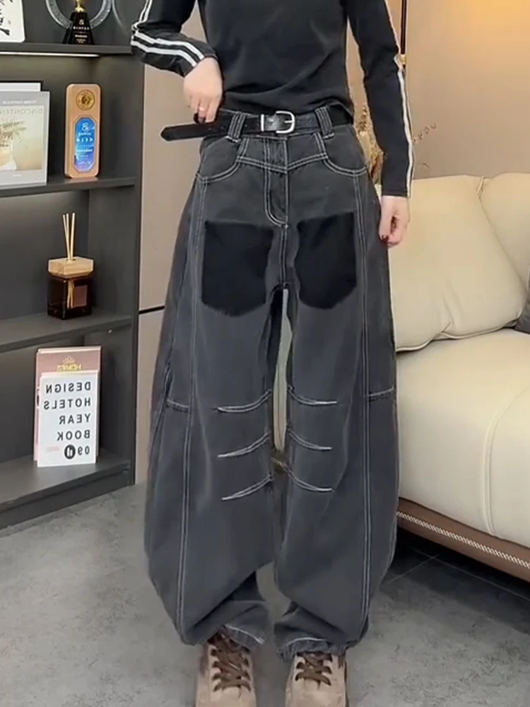 

Ретро-джинсы в американском стиле с эффектом потертости, с карманами, женские, свободного кроя, в стиле бойфренд, для создания стройного силуэта, длиной в пол