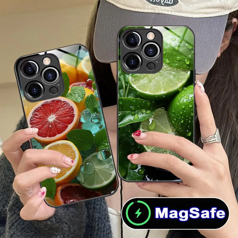 Funda Refrescante para Teléfono Móvil con Diseño de Limón para iPhone 17 16 15 14 13 12 11 Air Pro Max Plus Mini MagSafe, Cubierta de Vidrio Colorida para Smartphone