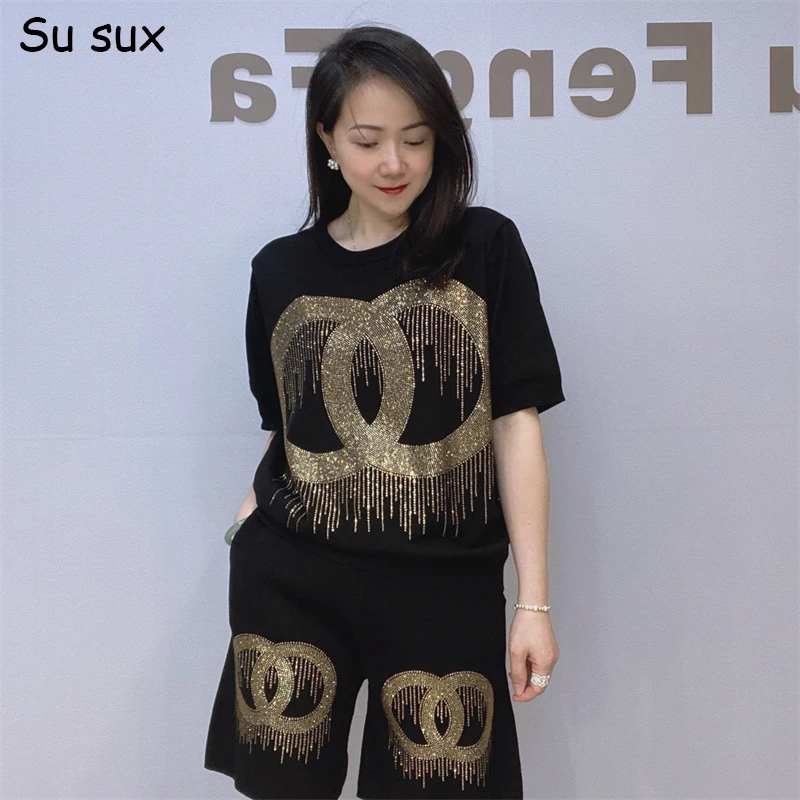 

Casual Sequins Knitted Short Pant Sets Women 2 Piece 2024 Summer O Neck Short Sleelve Black Top Matching Sets Sportwear Femme