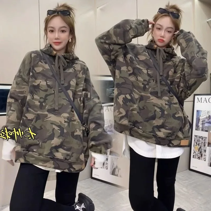 

Женская камуфляжная толстовка больших размеров (до 300 фунтов), весна-осень, свободный крой, универсальный топ в корейском стиле, с длинными рукавами, повседневная одежда