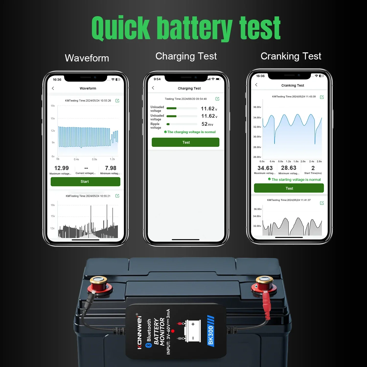 KONNWEI BK300 Bluetooth Car Battery Monitor 12V 24V Waveform Battery Tester Charging Cranking Test Tool For Ios Android