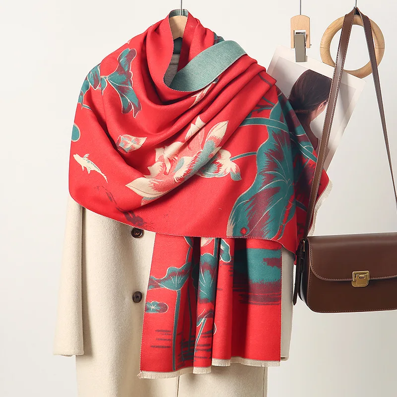New Women's Double-Sided Cashmere-Imitated Scarf Autumn Winter Thick Tassel Walnut Print High-End Feelings Neck Warmer A