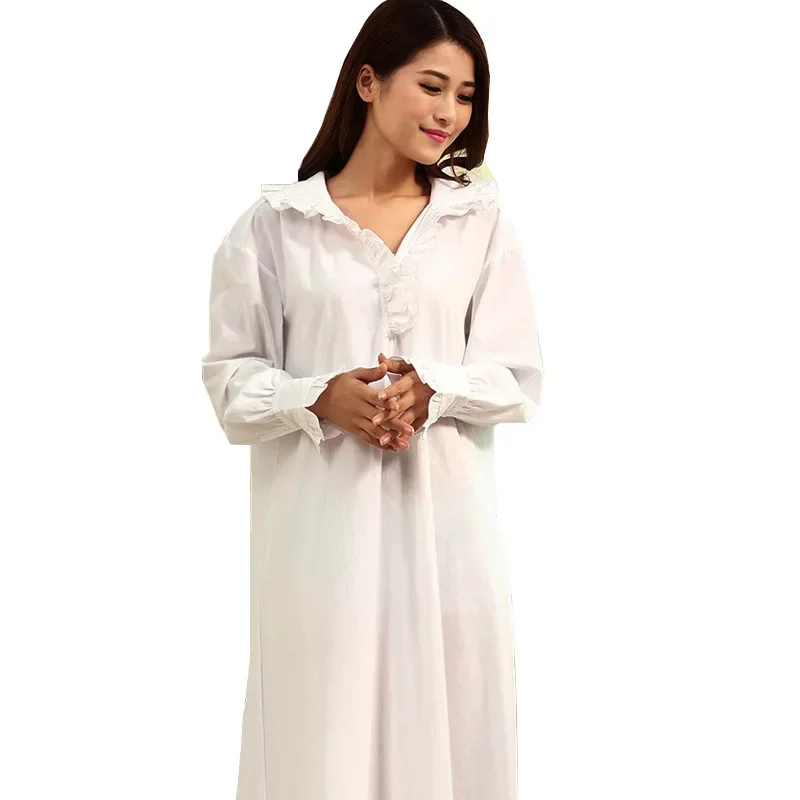 Vintage Nightgowns Dressing Gown Nightdress Pure Cotton Victorian White Night Dress Women Spring Fall Long Sleeve Robe Peignoir