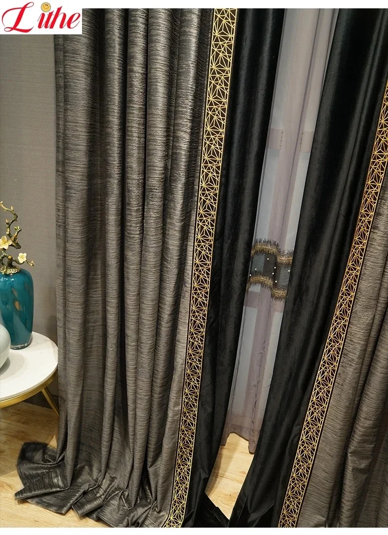 European Velvet Blackout Grey Luxury Curtains for Living Room Tulle Vintage Golden Lace Stitching Bedroom Custom Dining Room