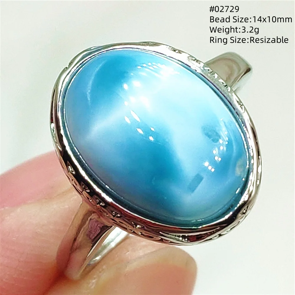 Natural Blue Larimar Ring Jewelry Adjustable Size Dominia Rare Larimar Oval Bead Water Pattern 925 Sterling Silver Fshion AAAAAA view 3