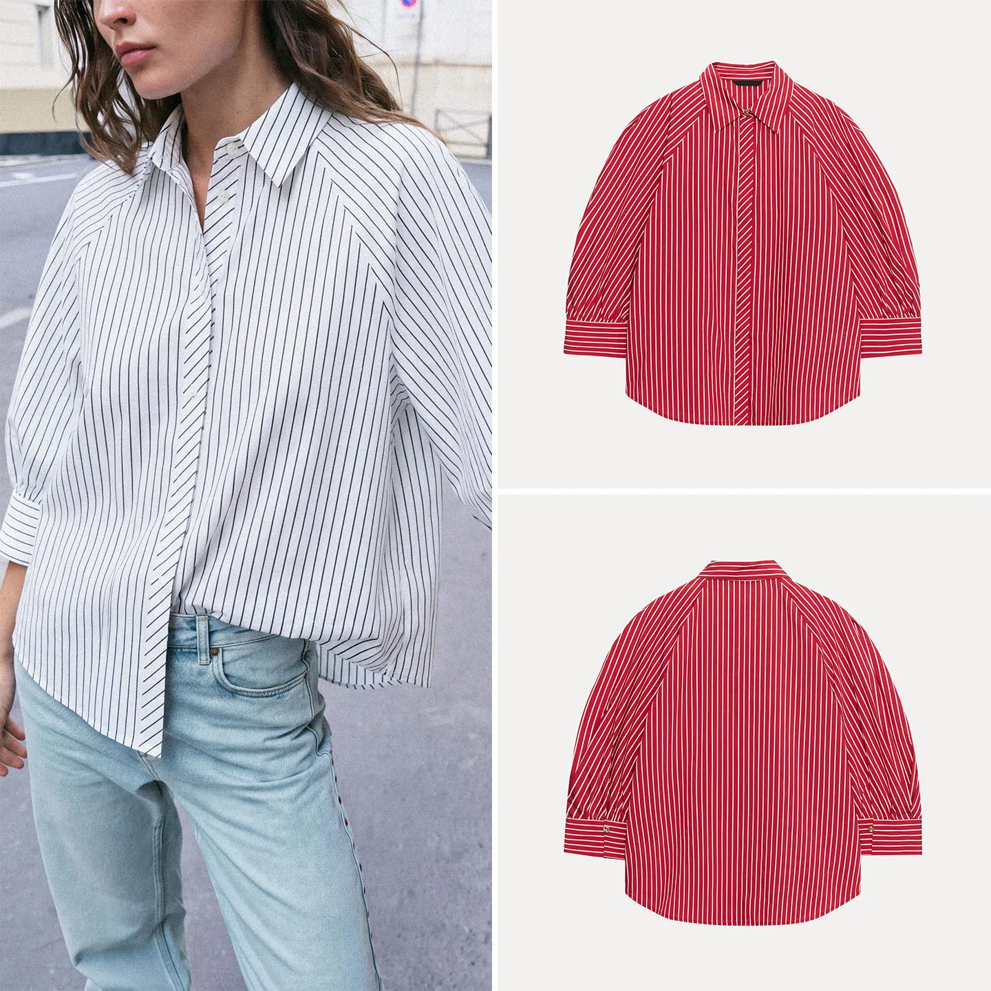 Casual Striped Shirt Women's Bubble Sleeve Turn-down Collar Long Sleeve Autumn Fashion 2026 Zadata Women's Shirt Fit Style