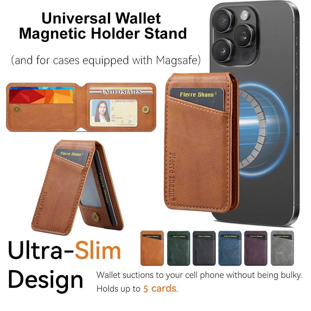 

Карманный магнитный кошелек с 5 карманами, универсальный кожаный держатель для телефона для iPhone 17, 16, 15, 14, 13, 12 Pro Max Air S25 S24, безопасная подставка Mag-safe