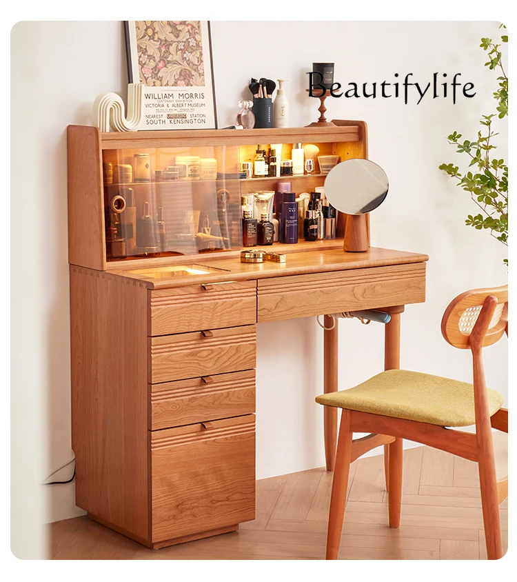 Solid Wood Cherrywood Nordic Makeup Table Japanese Style Dresser Chest of Drawers Integrated Cosmetic Cabinet with Mirror