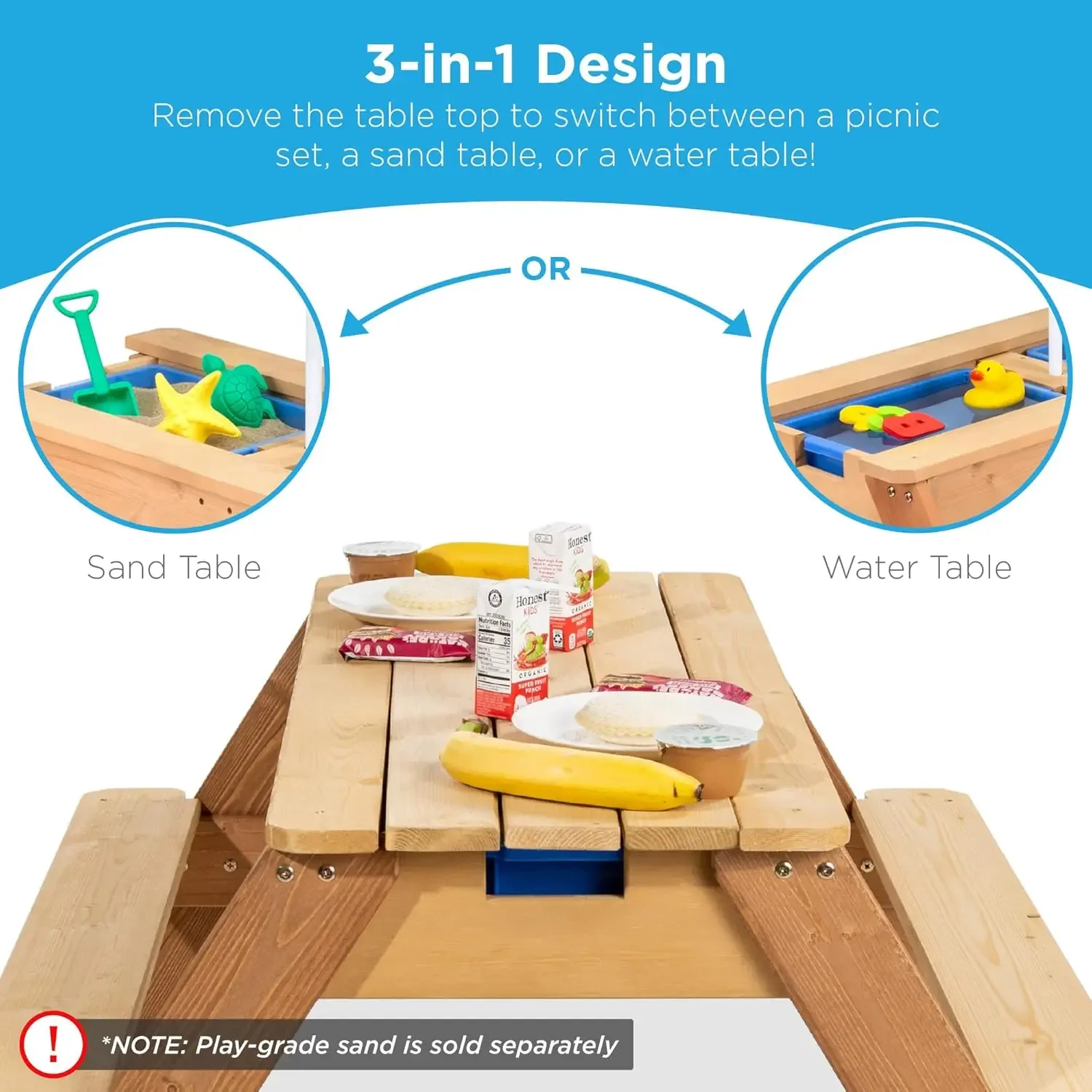 3-in-1 Sand & Water Table, Wood Outdoor Convertible Picnic Table w/Umbrella, 2 Trays, Removable