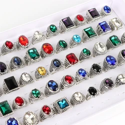 Wholesale 30Pcs/Lot Vintage Glass Stone Colorful Geometric Finger Rings For Men Women Jewelry Accessories Party Gifts Mix Style