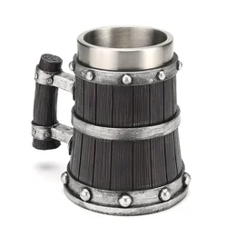 Imitation Wood Retro Beer Mug Resin Stainless Steel Barrel Coffee Cup Primitive Humans Double Wall Beer Jug Large Water Cup